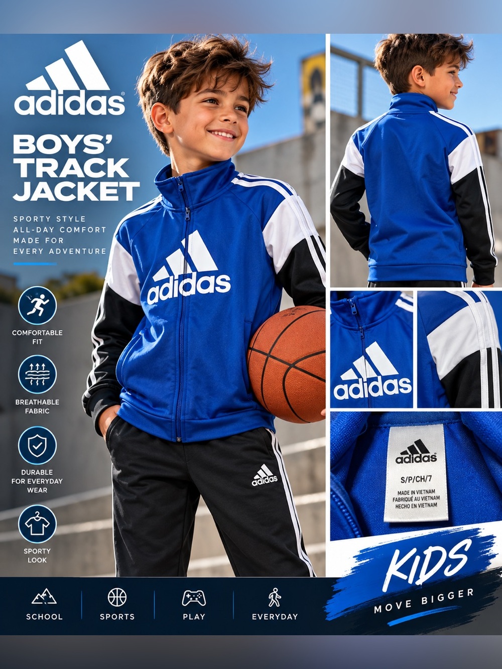 adidas Blue, White & Black Boys' Track Jacket size 7